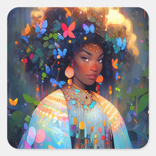 Naturegoddess African American Fantasy Art Quadratischer Aufkleber (Vorderseite)
