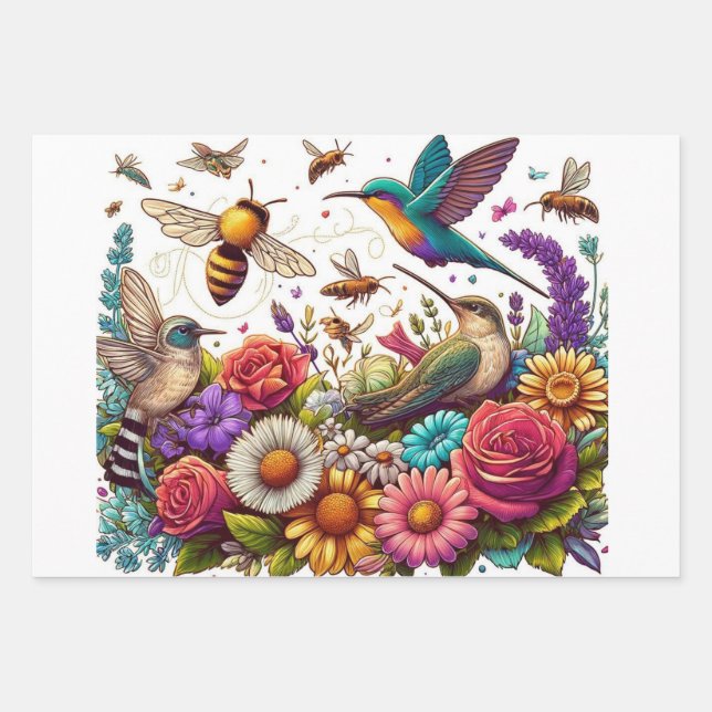 Nature's Ballet Hummingbirds Bees Amidst Blume Geschenkpapier Set (Vorderseite)
