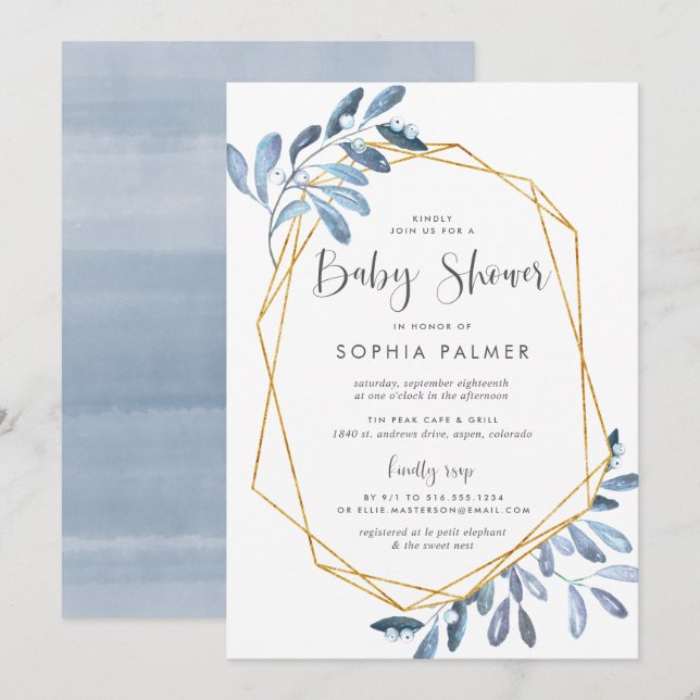 Naturfolien | Blue Watercolor Baby Dusche Einladung (Vorne/Hinten)