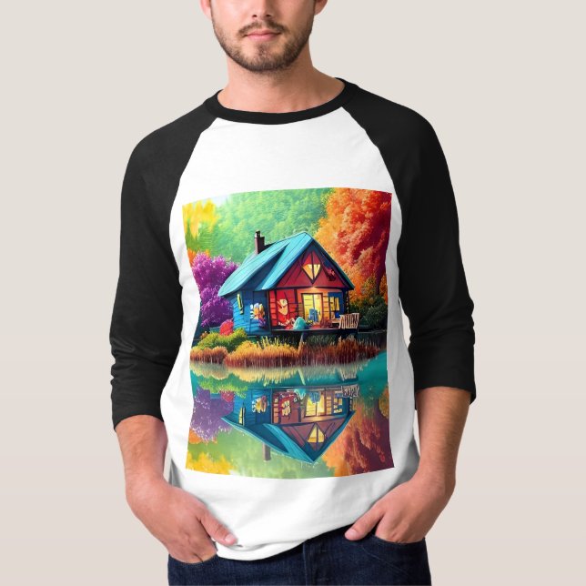 Naturlandschaft Illustration mit Hütte des Sees T-Shirt (Vorderseite)