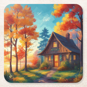 Naturlandschaft mit Hütte im Wald Rechteckiger Pappuntersetzer