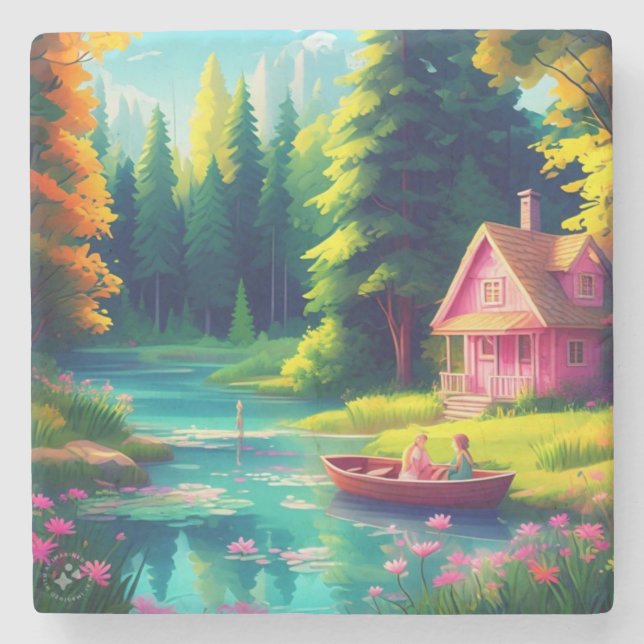 Naturlandschaft mit rosa Hütte-68486 Steinuntersetzer (Vorderseite)