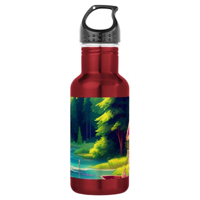 Naturlandschaft mit rosa Hütte Edelstahlflasche (Vorderseite)