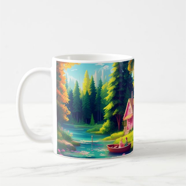 Naturlandschaft mit rosa Hütte Kaffeetasse (Links)