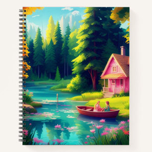 Naturlandschaft mit rosa Hütte Notizbuch