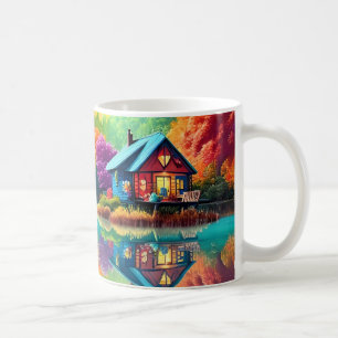 Naturlandschaft mit See, Hütte, Herbst Kaffeetasse