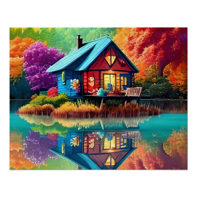 Naturlandschaft mit See, Hütte, Herbst Poster (Vorderseite)