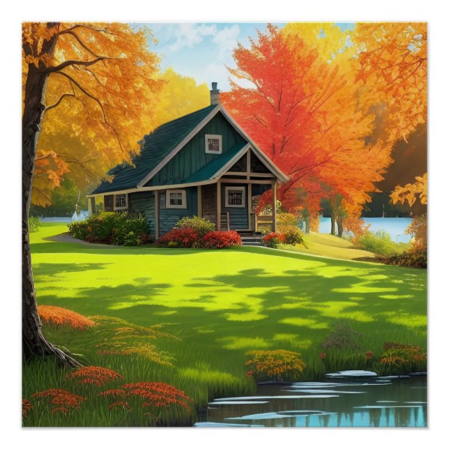 Naturlandschaft mit See und Hütte Poster (Vorderseite)