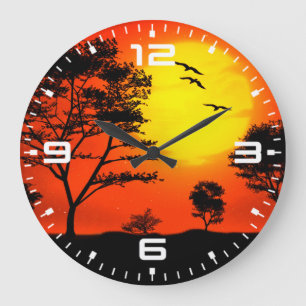 Naturlandschaft Sonnenuntergang Bäume Silhouette Große Wanduhr