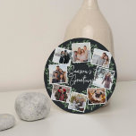 Natürlich fröhliche Wasserfarbenrundfoto Collage Feiertagskarte<br><div class="desc">Versenden Sie Ihren Urlaub in stilvollem Stil an Freunde und Familie mit unseren eleganten Foto-Collage-Karten in einzigartiger Rundform. Ein Kranz mit dunkelgrün gestrichenen Aquarellfarben umrahmt acht Ihrer beliebtesten quadratischen Fotos, die in einer Collage mit "Season's Greetings" in der Mitte angeordnet sind. Personalisieren Sie den Rücken mit Ihrem Familiennamen und dem...</div>