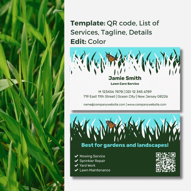 Naturlich Inspiriert Elegance mit Schmetterling: R Visitenkarte (Nature-Inspired Elegance with Butterfly: Lawn Care Business Card, Service List, QR code, Tagline)