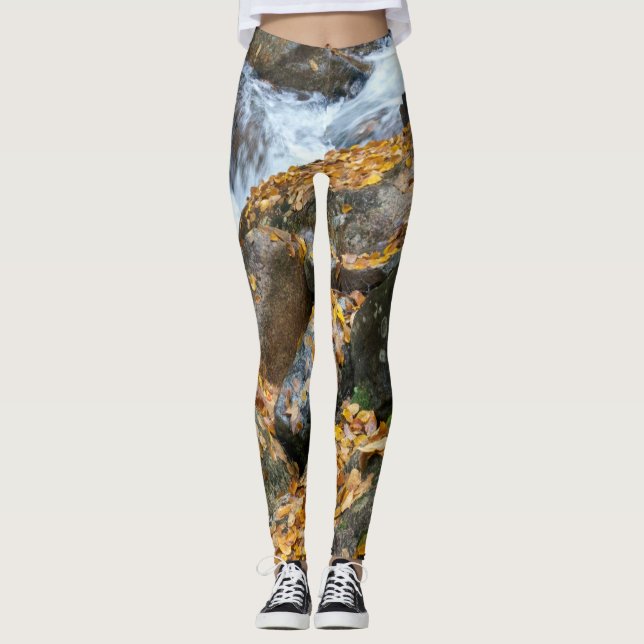 natürliche goldene Blätter Wasserfall Felsen Leggings (Vorderseite)