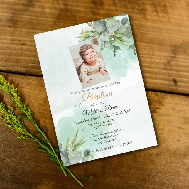Natürliche grüne Blätter Taufe Einladung (Natural Green Leaves Baptism Invite)