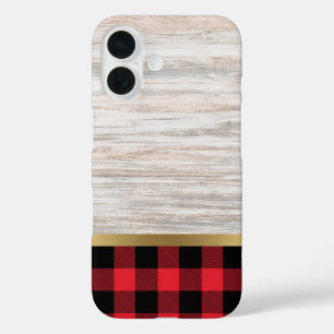 Natürliche Holzstruktur und Büffel-Karo iPhone 16 Hülle