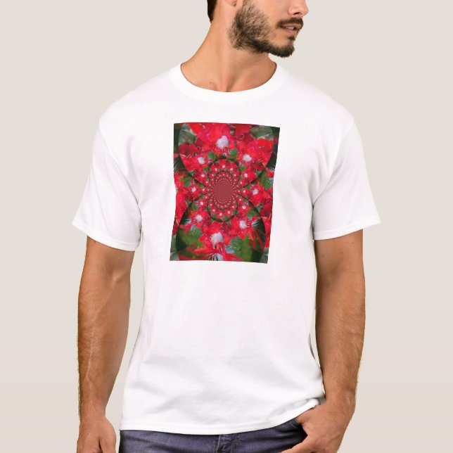 Natürliche Rote Blume Weiße Feder Kaleidoskop Kuns T-Shirt (Vorderseite)