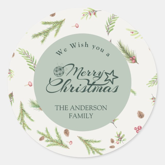 Natürliche Weihnachten minimalistisch Grün botanis Runder Aufkleber (Vorderseite)