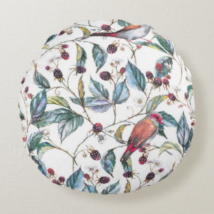 Natürliches Aquarellmuster: BlackBerry, Vögel, f Rundes Kissen