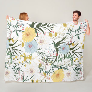 Natürliches Elfenbein und blaue Blütenblüte l Fleecedecke