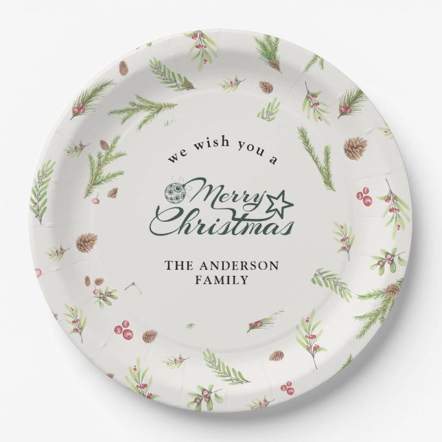 Natürliches Weihnachtsminimales elegantes botanisc Pappteller (Vorderseite)