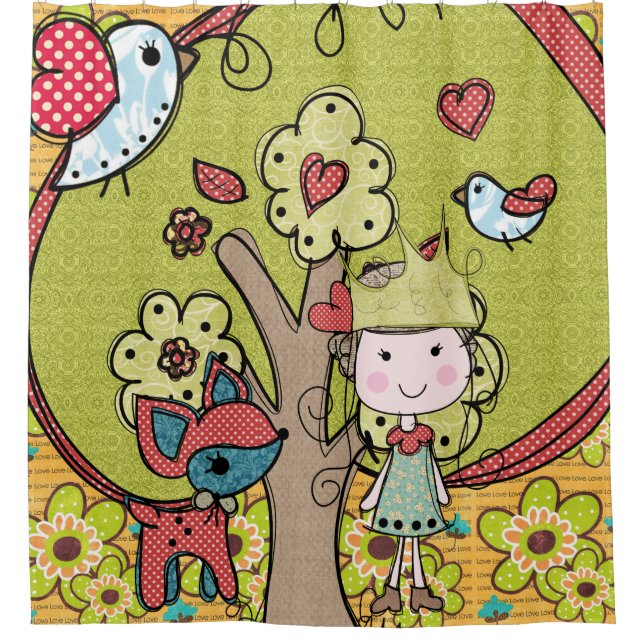 Naturprinzessin im Wald mit Hirsch und Vögeln Duschvorhang (Vorderseite)