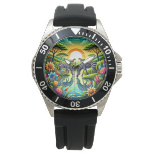 Naturschönheit mit Zebras, die an einem Fluss trin Armbanduhr
