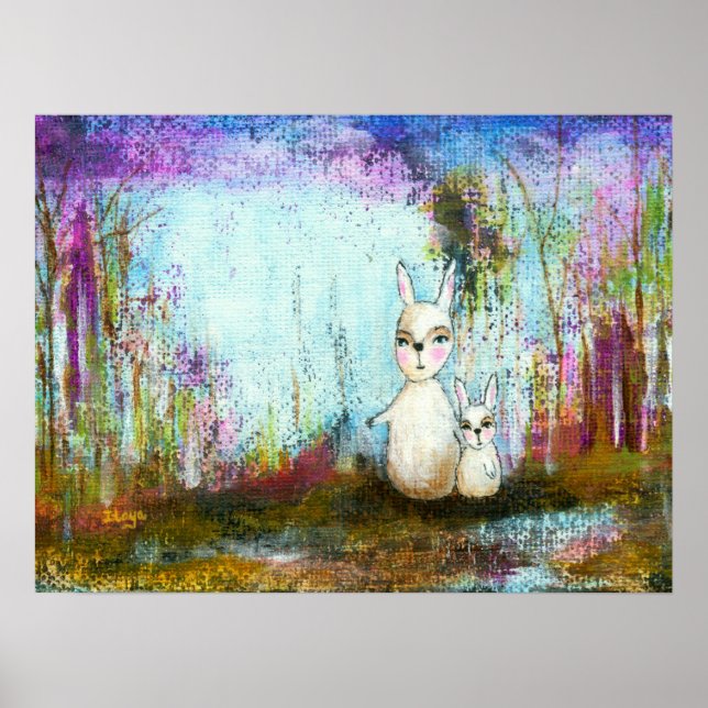 Naturschule, Mama und Babyrabbits Abstrakte Kunst Poster (Vorne)