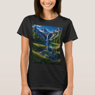 Naturszene Berge Wasserfälle See Teich Bäume T-Shirt