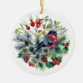 Naturthema Bullfinch Kiefernzweige Kiefernzapfen Keramik Ornament