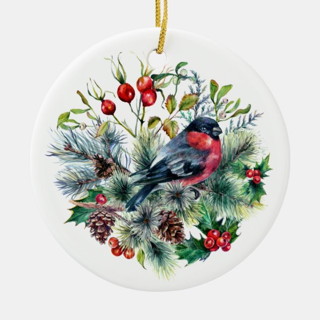 Naturthema Bullfinch Kiefernzweige Kiefernzapfen Keramik Ornament (Vorne)