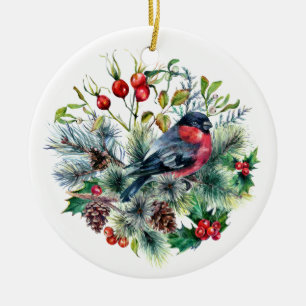 Naturthema Dompfaff Kiefernzweige Zapfen Keramik Ornament