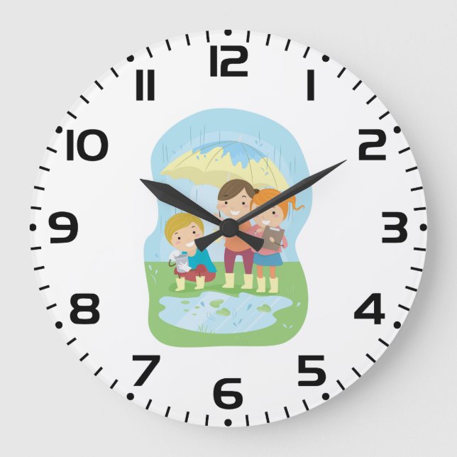 Naturwissenschaftliche Studien für Kinder im Regen Große Wanduhr (Vorderseite)