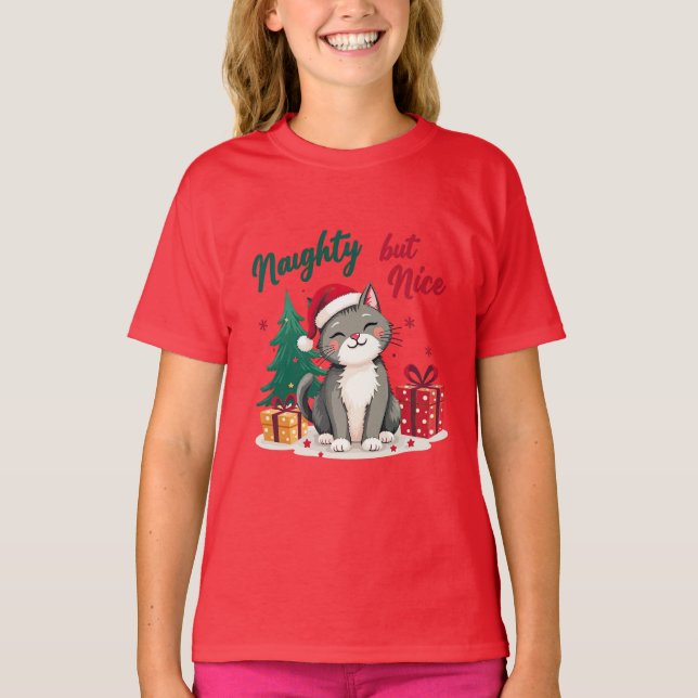 Naughty But Nice Cat Christmas T-shirt (Vorderseite)