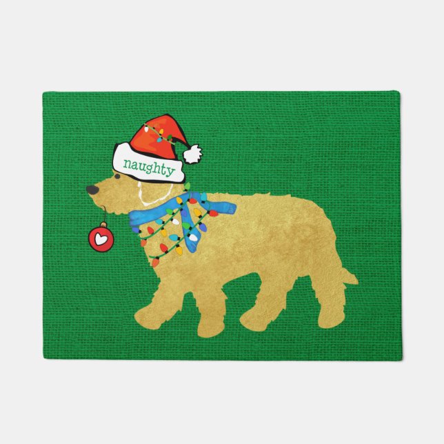 Naughty Christmas Goldendoodle Xmas Green Burlap Fußmatte (Vorderseite)