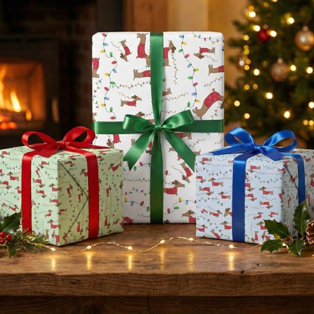 Naughty Dackel Hund klauen Weihnachtsbaumleuchten Geschenkpapier Set (Dachshund wrapping paper for Christmas gifts)