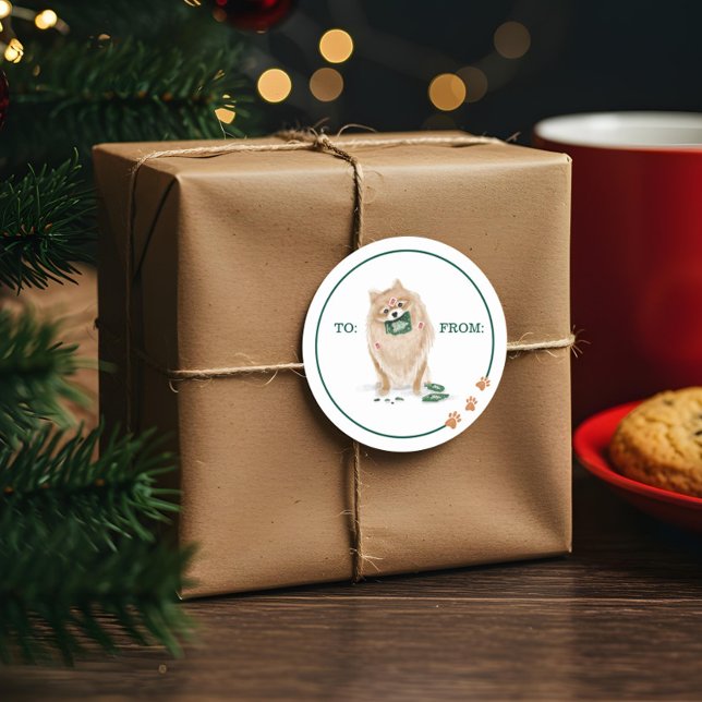 Naughty Dog Watercolor Spitz Essen Weihnachtskarte Runder Aufkleber (Naughty Dog Watercolor Pomeranian Eat Holiday Card Classic Round Sticker)