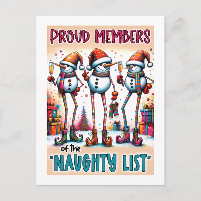Naughty List Snowmen Toasting in Holiday Style Postkarte (Vorderseite)