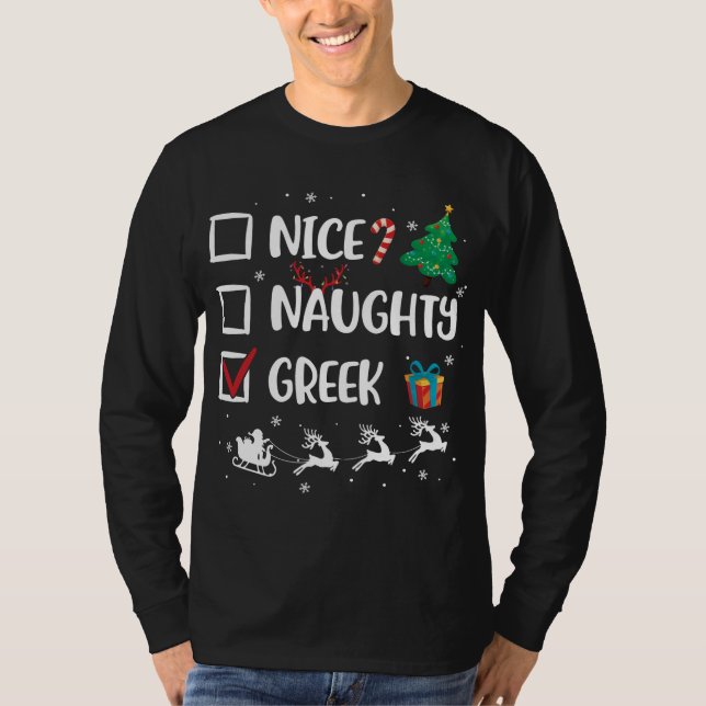 Naughty Nice griechischen Weihnachten Funny Weihna T-Shirt (Vorderseite)