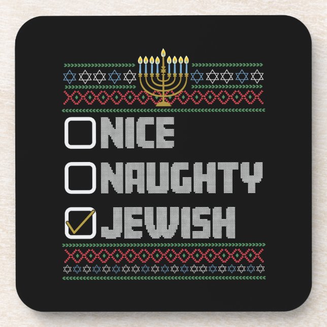 Naughty Nice Jewish Santa Ugly Christmas Hanukkah Getränkeuntersetzer (Vorderseite)