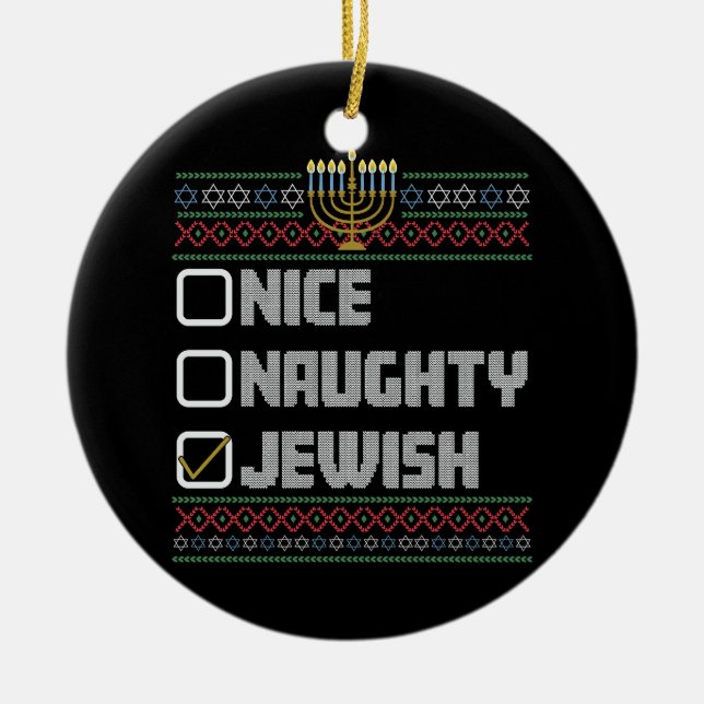 Naughty Nice Jewish Santa Ugly Christmas Hanukkah Keramik Ornament (Vorne)