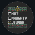 Naughty Nice Jewish Santa Ugly Christmas Hanukkah Runder Aufkleber<br><div class="desc">Naughty Nice Jewish Santa Ugly Christmas Hanukkah</div>
