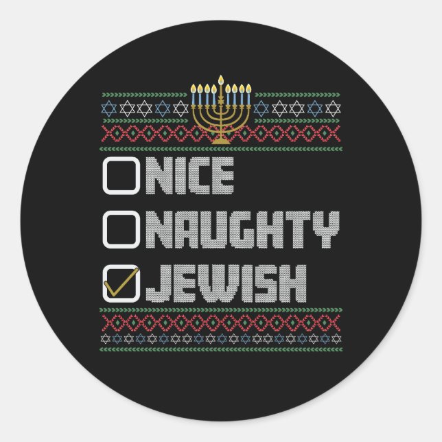 Naughty Nice Jewish Santa Ugly Christmas Hanukkah Runder Aufkleber (Vorderseite)