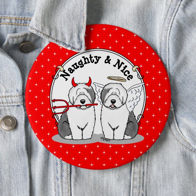 Naughty & Nice Old English Sheepdogs (Gray 1) Button (Beispiel)