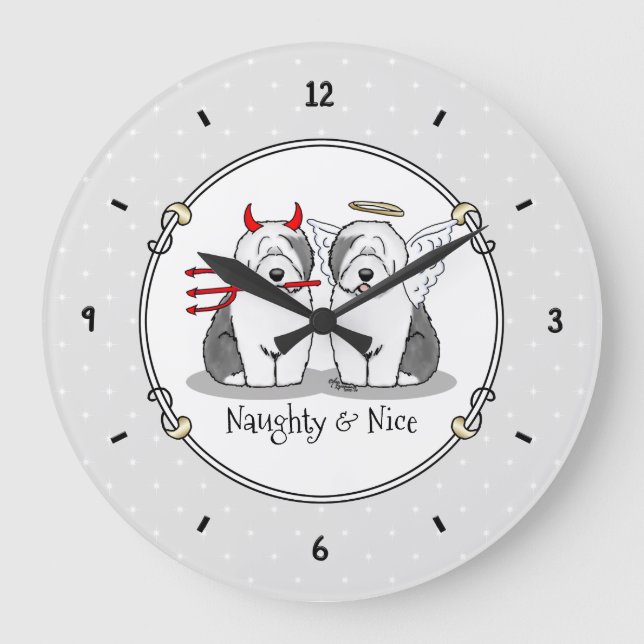 Naughty & Nice Old English Sheepdogs (Gray 1) Große Wanduhr (Vorderseite)