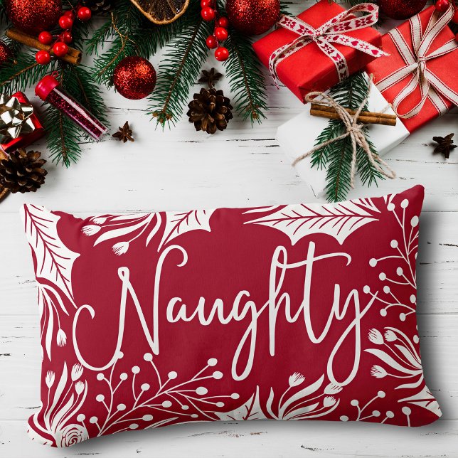 Naughty Nice Red White Christmas Floral Ivy Leaf Lendenkissen (Von Creator hochgeladen)
