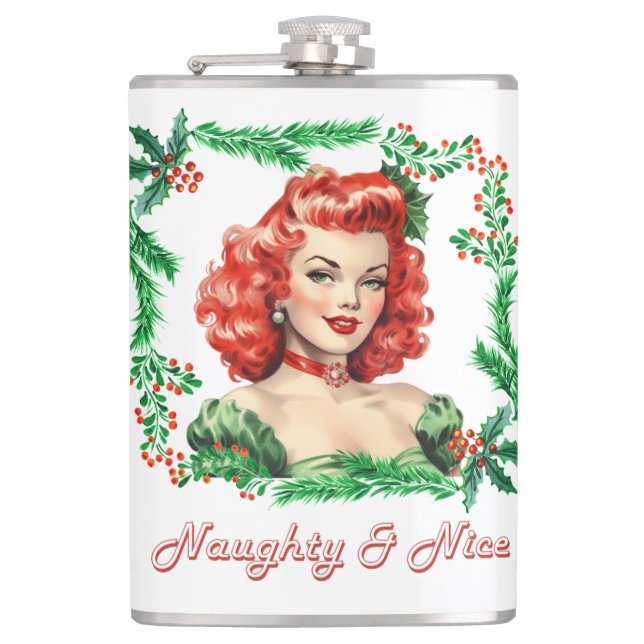 Naughty & Nice Retro Christmas Pinup Flachmann (Vorderseite)
