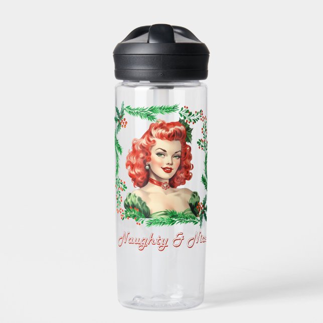 Naughty & Nice Retro Christmas Pinup Trinkflasche (Vorderseite)