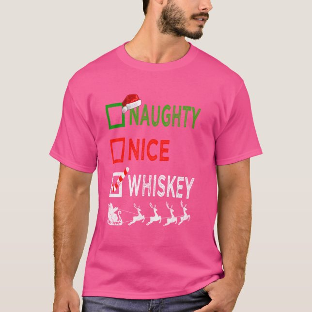 Naughty Nice Whiskey Christmas Pajamas Funny Santa T-Shirt (Vorderseite)