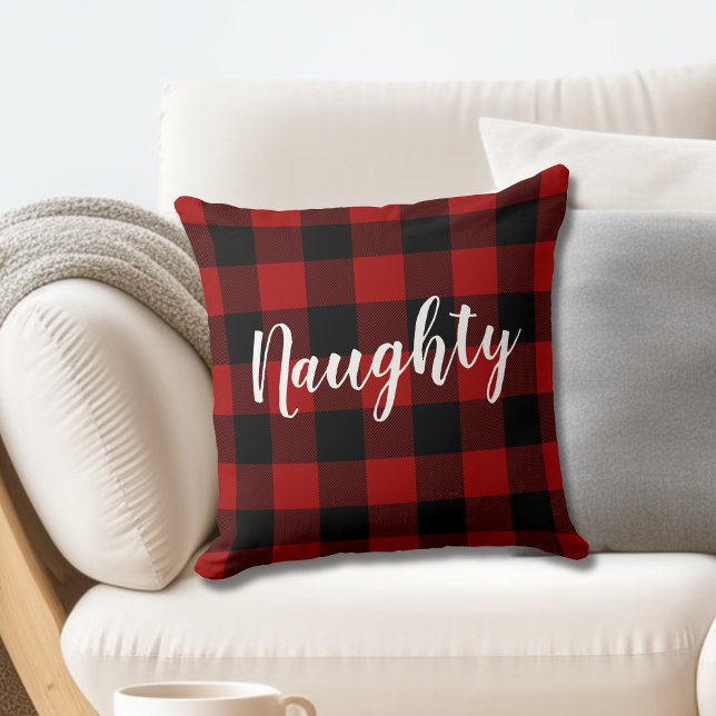 Naughty oder Nice Christmas Buffalo Kariertes Baue Kissen (Von Creator hochgeladen)