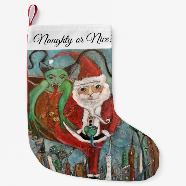 Naughty oder Nice Santa and Krampus Art Kleiner Ch Weihnachtsstrumpf (Vorderseite)