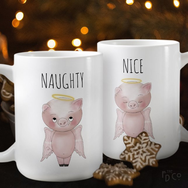 Naughty or Nice Cute Holiday Angel Pig Cartoon Kaffeetasse (Von Creator hochgeladen)